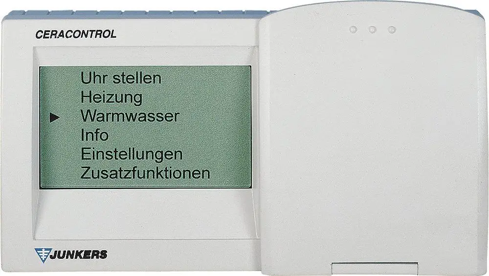 Feldgerät mit Display zur Steuerung von Heizung und Warmwasser. Benutzeroberfläche zeigt Optionen zur Einstellung und Informationsabruf. Marke Bosch sichtbar.